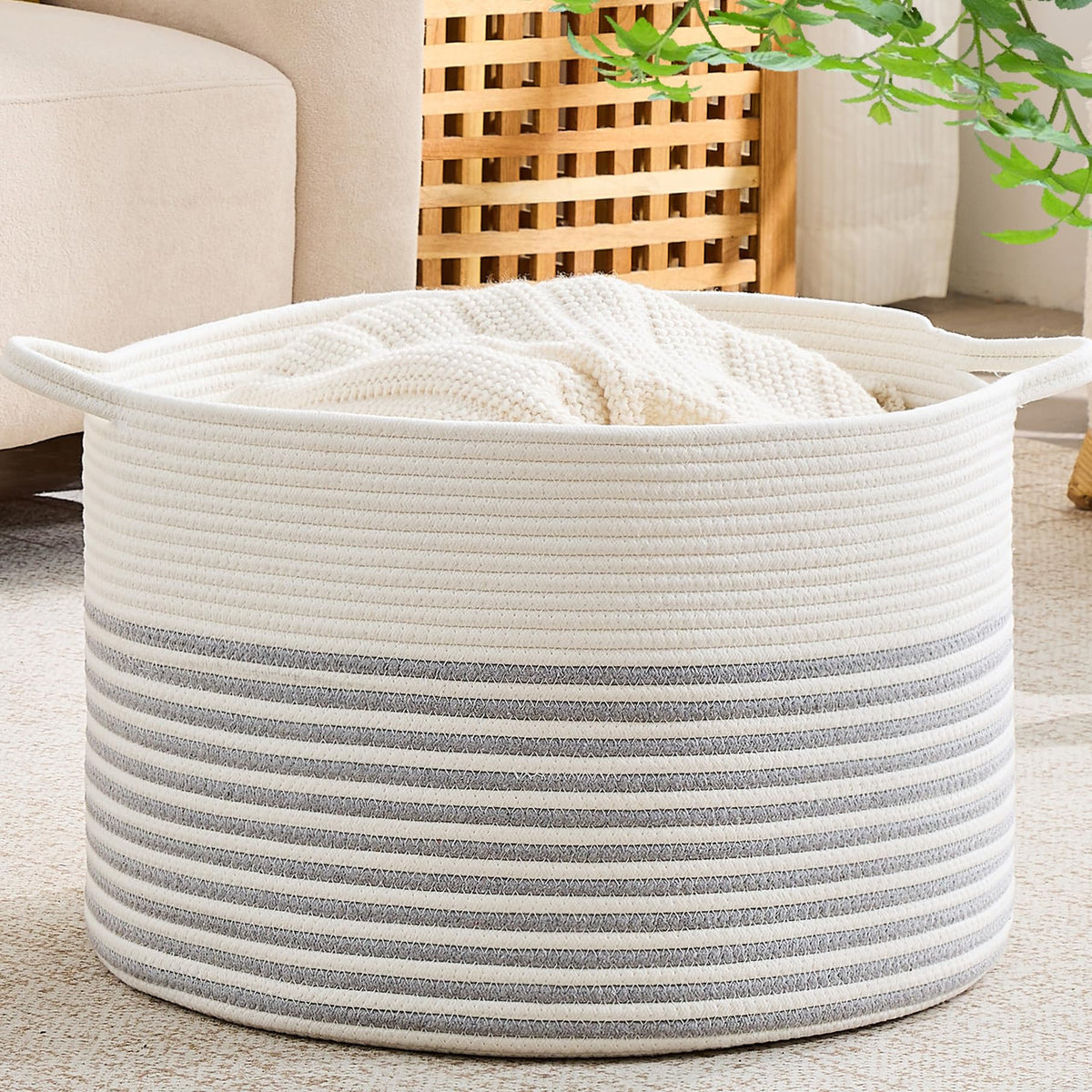 KAKAMAY Large Blanket Basket with Handles, Storage Basket for Living Room