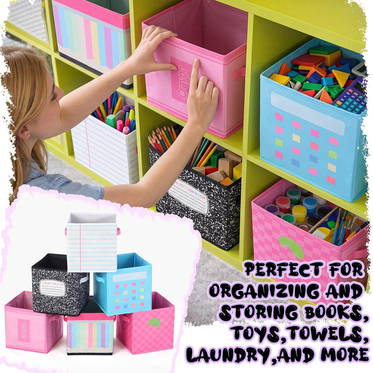 Kathfly 6 Pcs 11" Fabric Classroom Storage Bins Cubby Baskets, Pastel
