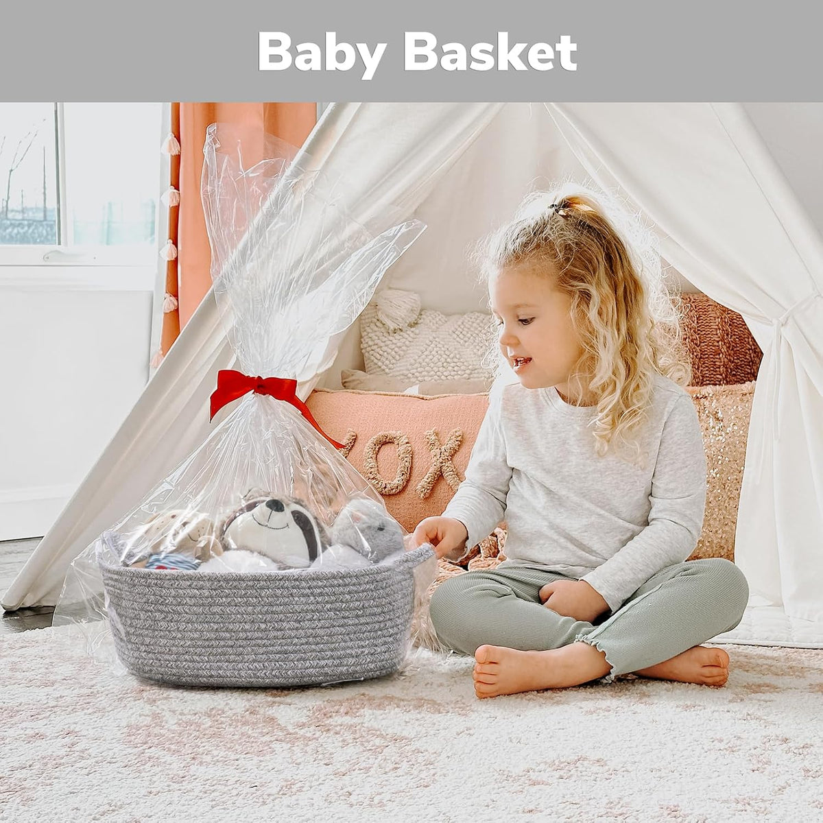 CHICVITA Small Woven Rope Gift Basket, Decorative Boo Basket, Grey