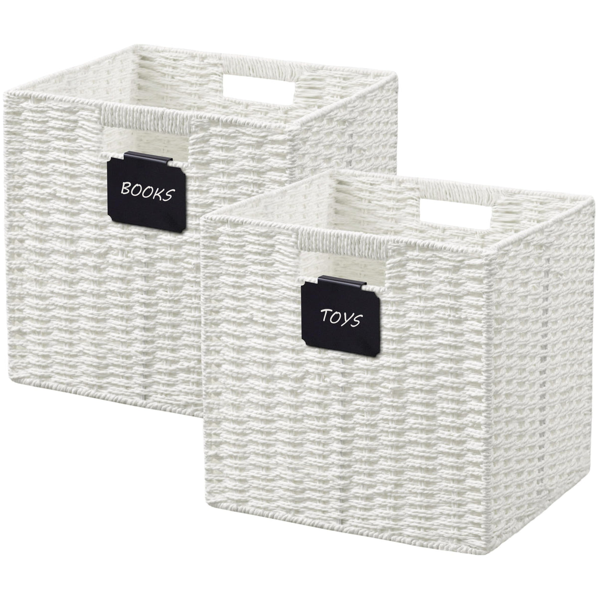 UBBCARE 2 Pack Wicker Basket, 10.5×10.5 Storage Cubes with Label, Foldable Cube Storage Bin with Handle, Square Storage Basket for Shelves, Woven Paper Rope Basket for Organizing, Black