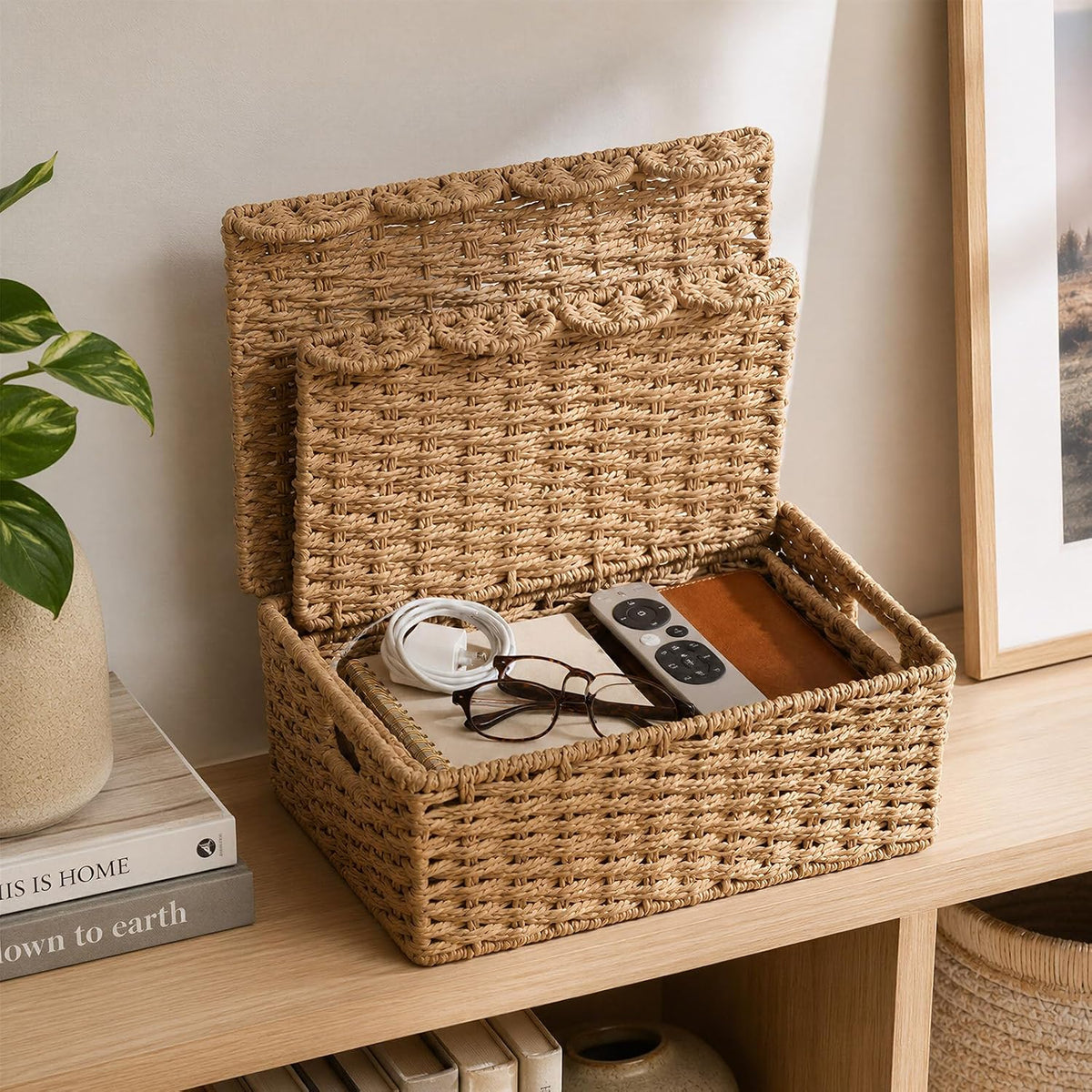 Set of 2 Scalloped Wicker Basket with Lid, Paper Rope Baskets for Shelves
