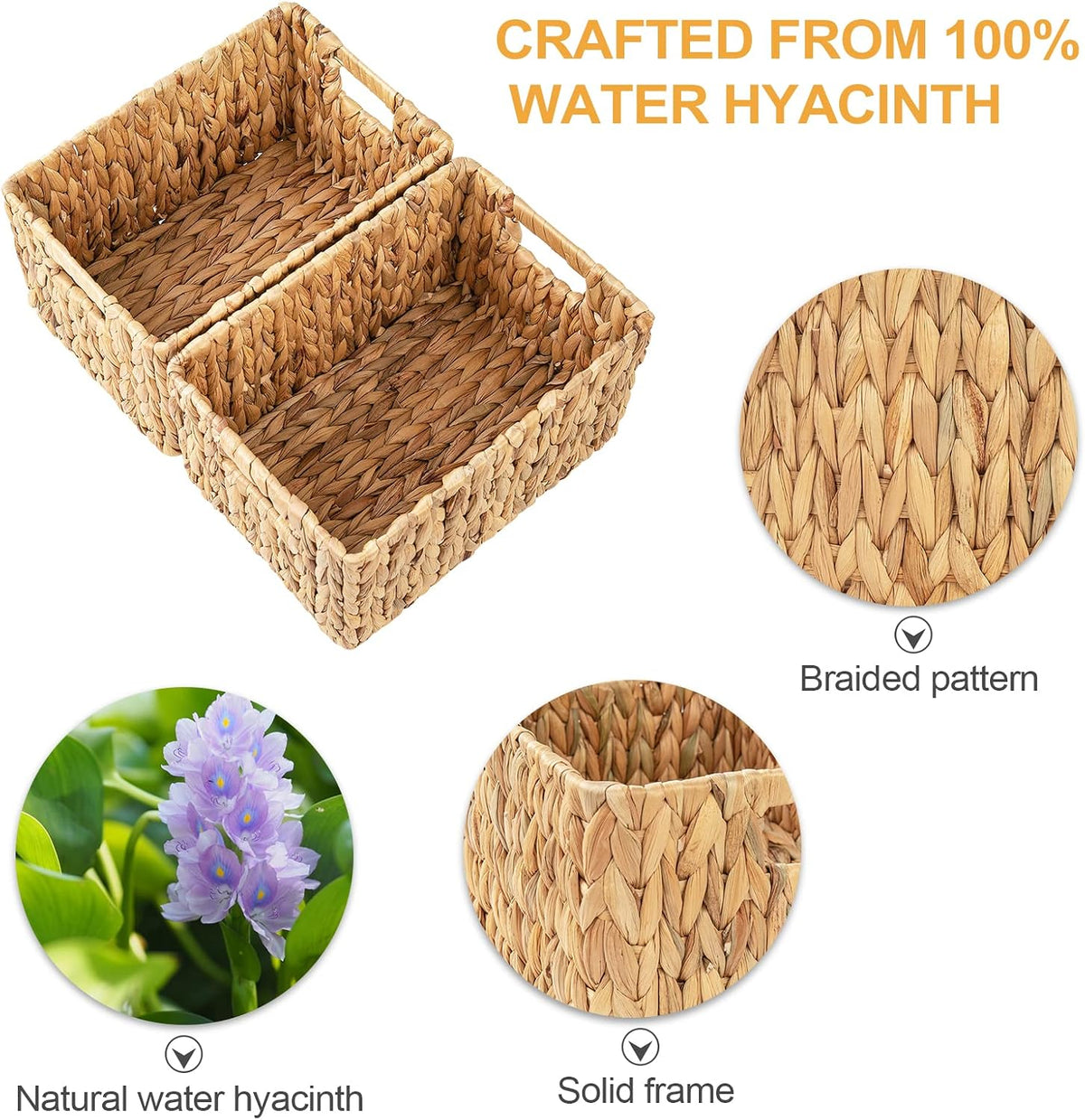 Water Hyacinth Wicker Baskets, Rectangular 12" Basket 2 Pack