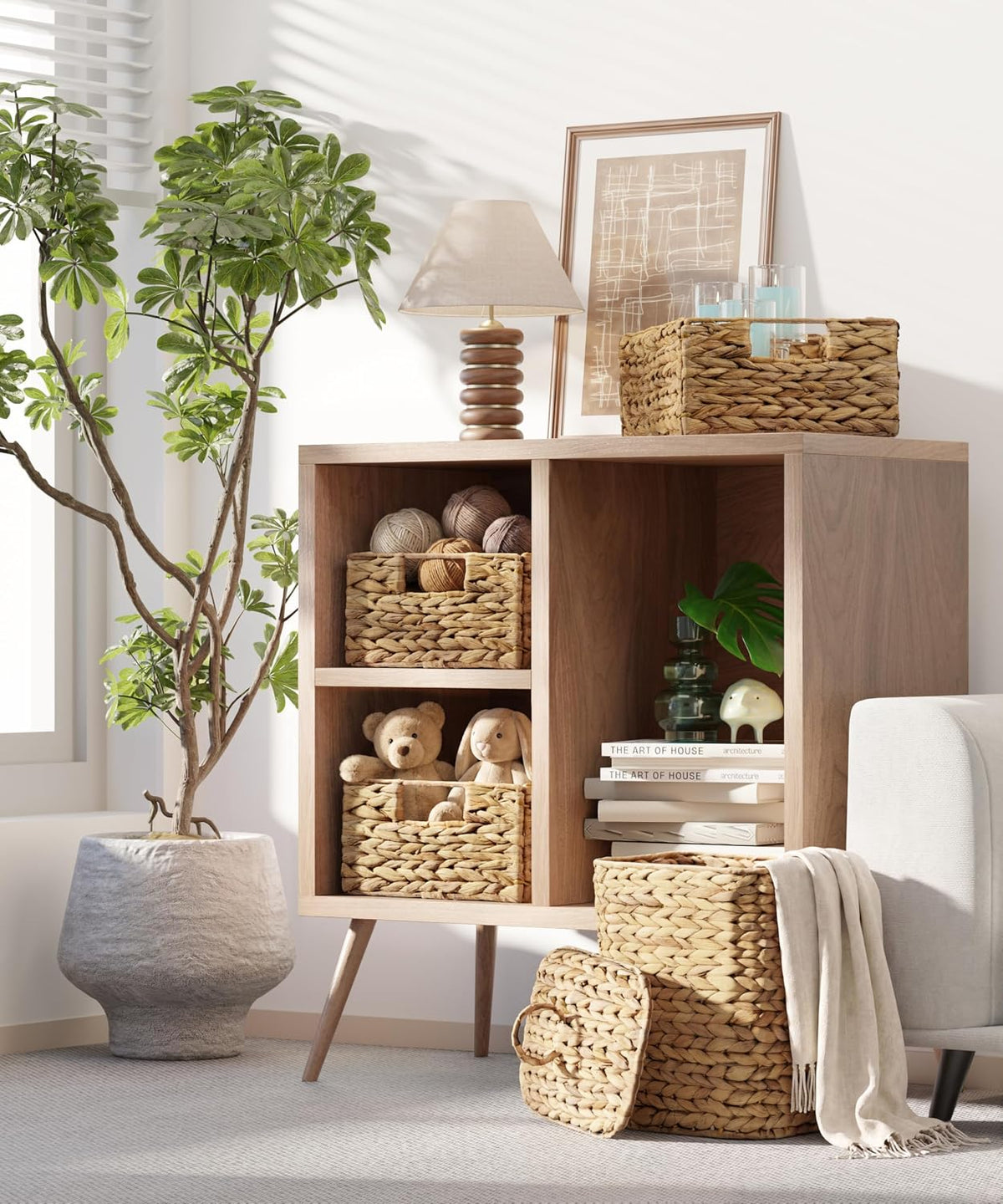 BLUEWEST Water Hyacinth Storage Baskets, Set of 6, Woven Bins with Handles