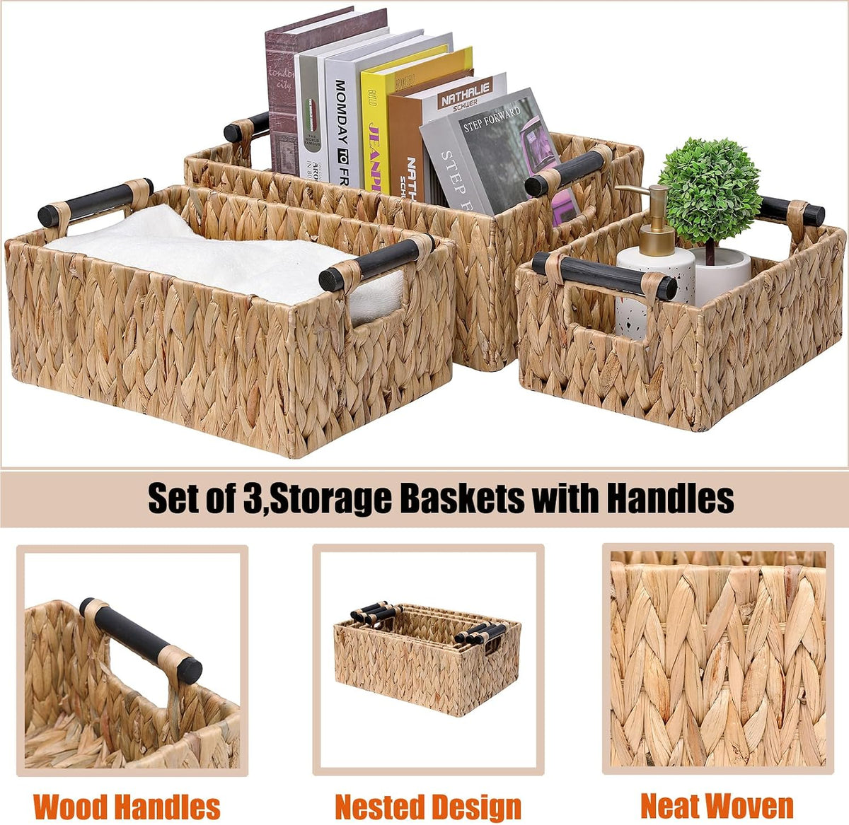 Water Hyacinth Storage Baskets Set of 3 Handwoven Storage Bins for Nursery