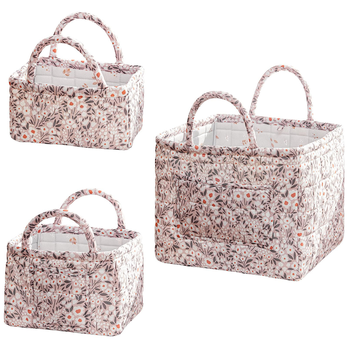 vctops 3 Packs Boho Quilted Storage Basket for Organizing, Floral Basket Organizer Gift Baskets with Handles, Storage Bins for Toys, Books, Towels, and Clothes, Collapsible Fabric(Pattern C)