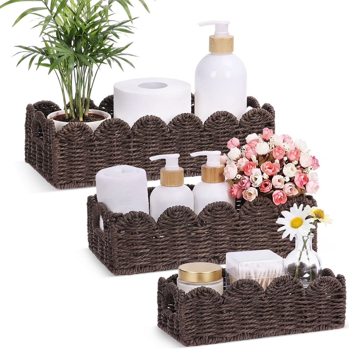 Boao 3 Pcs Boho Storage Wicker Baskets Handmade Woven Decorative Paper Rope Baskets for Organizing with Handle Countertop Toilet Paper Storage Container for Toilet Tank Top