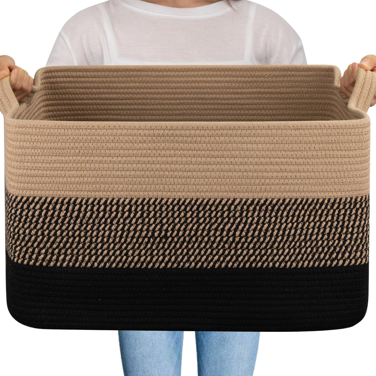 OIAHOMY Extra Large Blanket Basket, 110L Cotton Rope Woven Laundry Basket, Toy Bin for Baby Room, Container for Blanket Storage in Living Room, 24.8''×17.3''×15.8'', Gradient Grey