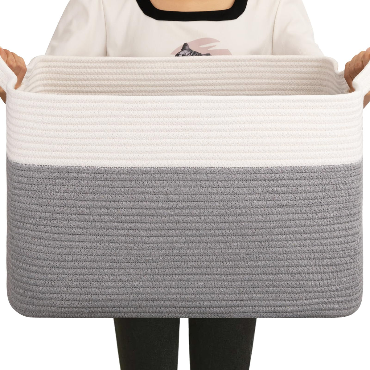 OIAHOMY Extra Large Blanket Basket, 110L Cotton Rope Woven Laundry Basket, Toy Bin for Baby Room, Container for Blanket Storage in Living Room, 24.8''×17.3''×15.8'', Gradient Grey