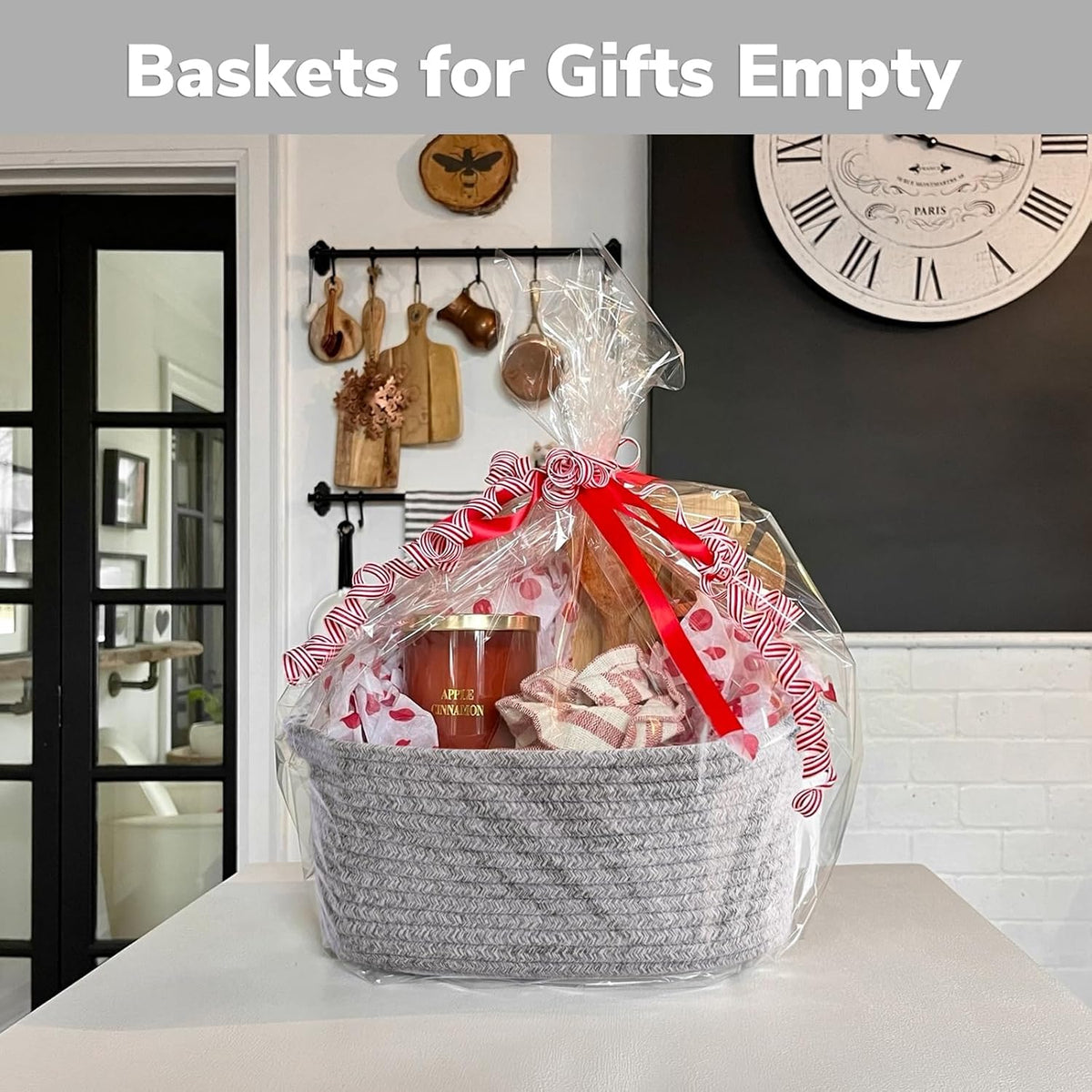 CHICVITA Small Woven Rope Gift Basket, Decorative Boo Basket, Grey