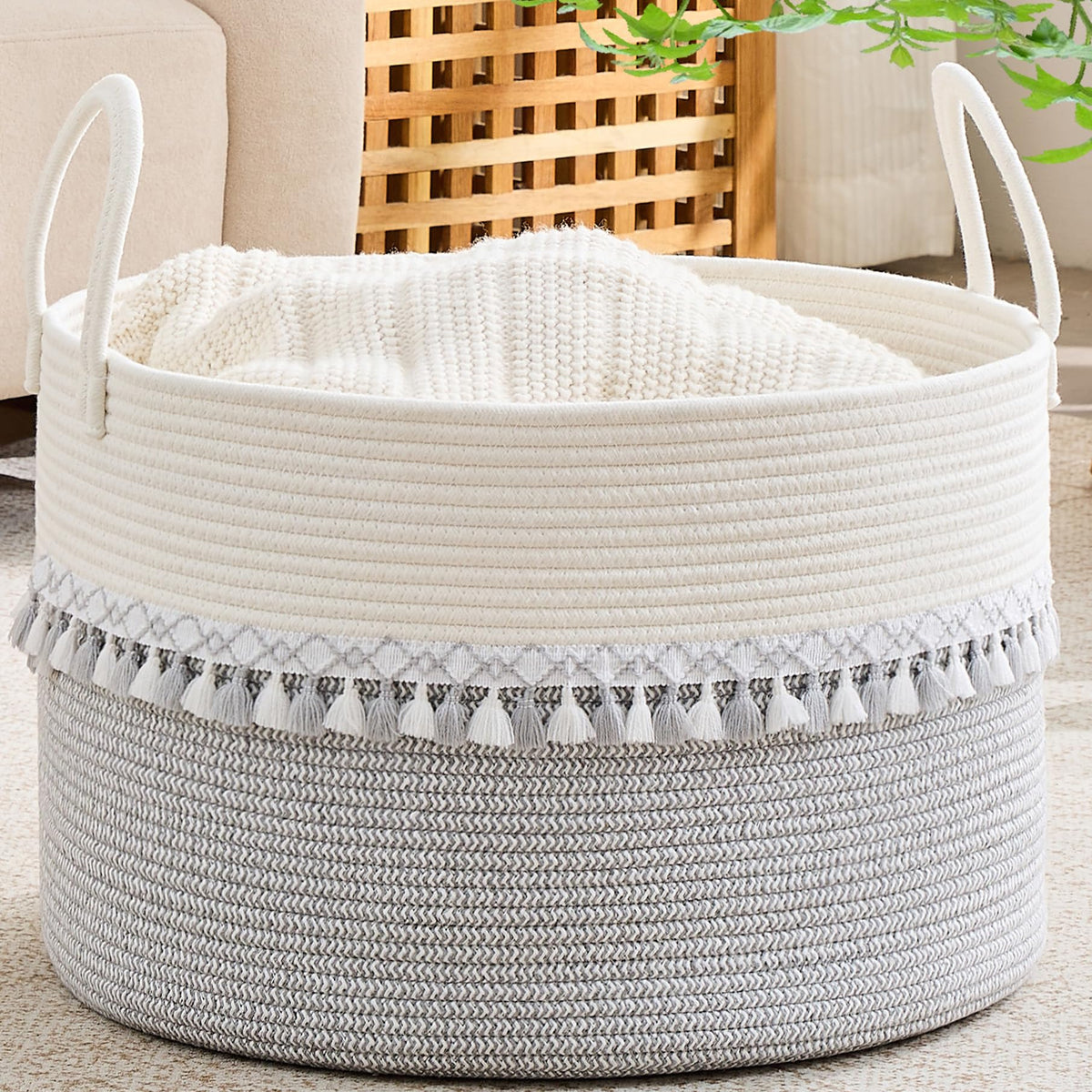 KAKAMAY Large Blanket Basket with Handles, Storage Basket for Living Room