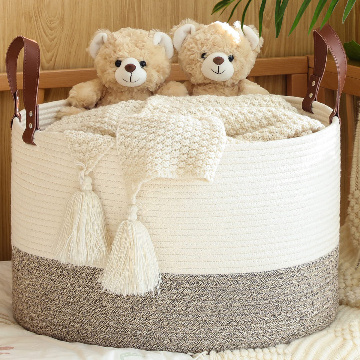 KAKAMAY Large Blanket Basket with Handles, Storage Basket for Living Room