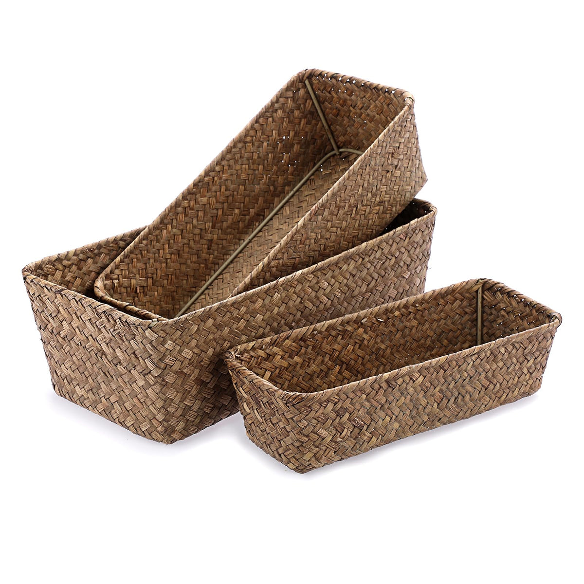 3 Natural Wicker Basket Set Rectangular Seagrass Basket, Caramel
