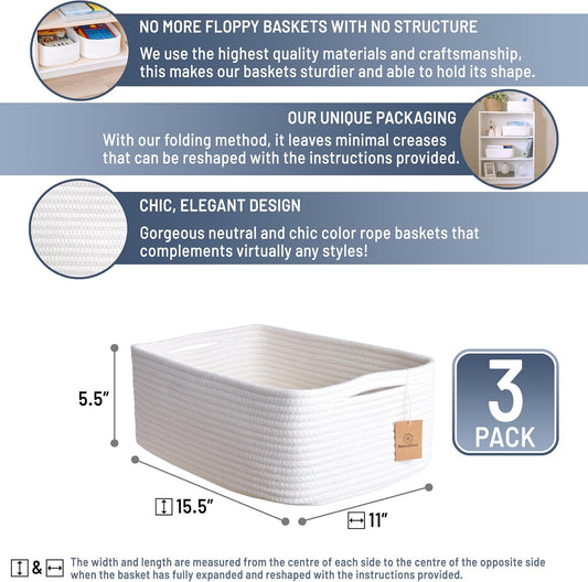 Woven Rope Baskets for Organizing, 3 Pack, 15.5 x 11 x 5.5" Storage Bins