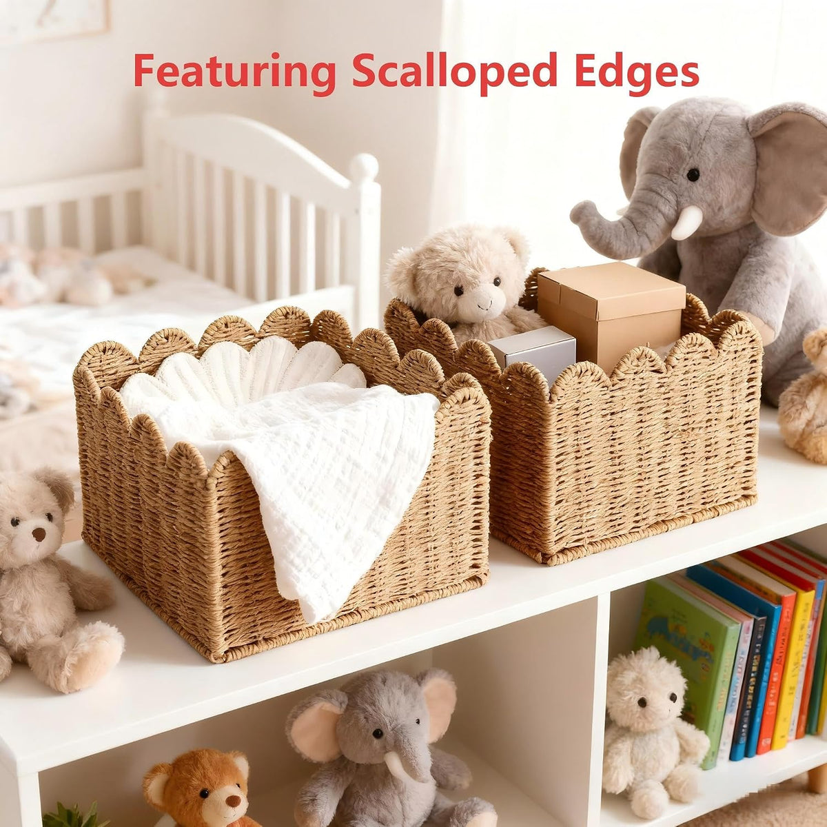 Scalloped Basket, Wicker Storage Baskets, Hand Woven Baskets for Shelves,Natural Baskets for Organizing (S+M)