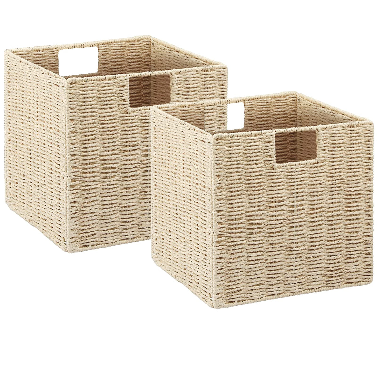 Vagusicc Wicker Basket, Set of 2 Hand-Woven Paper Rope Storage Baskets for Organizing, Foldable Cubby Storage Bins, 11 Inch Large Wicker Storage Basket, Square Baskets Cube Storage Organizer, Brown