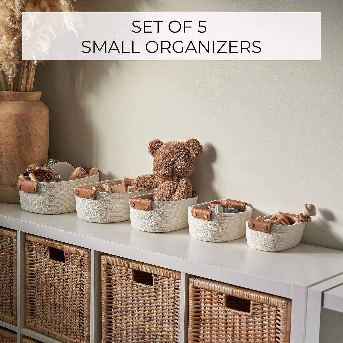 Beautiful Storage Basket Set of 5 - Sturdy Cotton Rope Baskets for Shelves