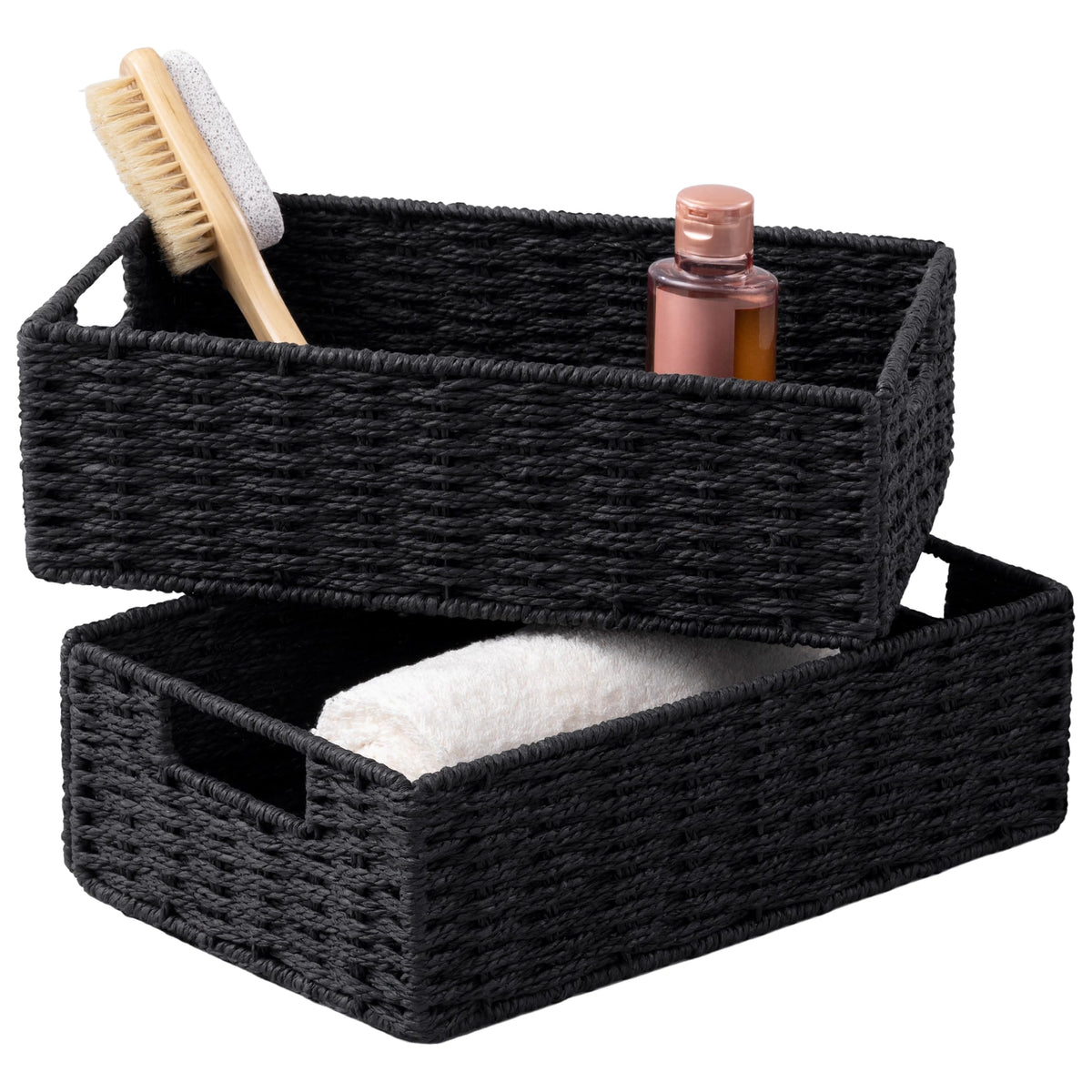 UBBCARE 2 Pack Wicker Basket, 13.4L×8.3H×7.1W inch Woven Paper Rope Storage Baskets for Shelves, Foldable Rectangular Storage Baskets with Handle, Storage Basket for Organizing, Dark Brown