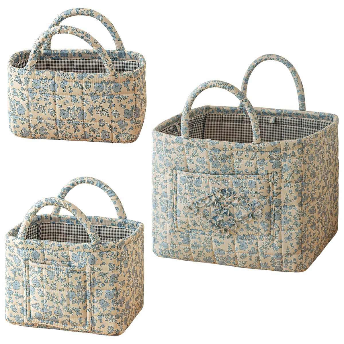vctops 3 Packs Boho Quilted Storage Basket for Organizing, Floral Basket Organizer Gift Baskets with Handles, Storage Bins for Toys, Books, Towels, and Clothes, Collapsible Fabric(Pattern C)