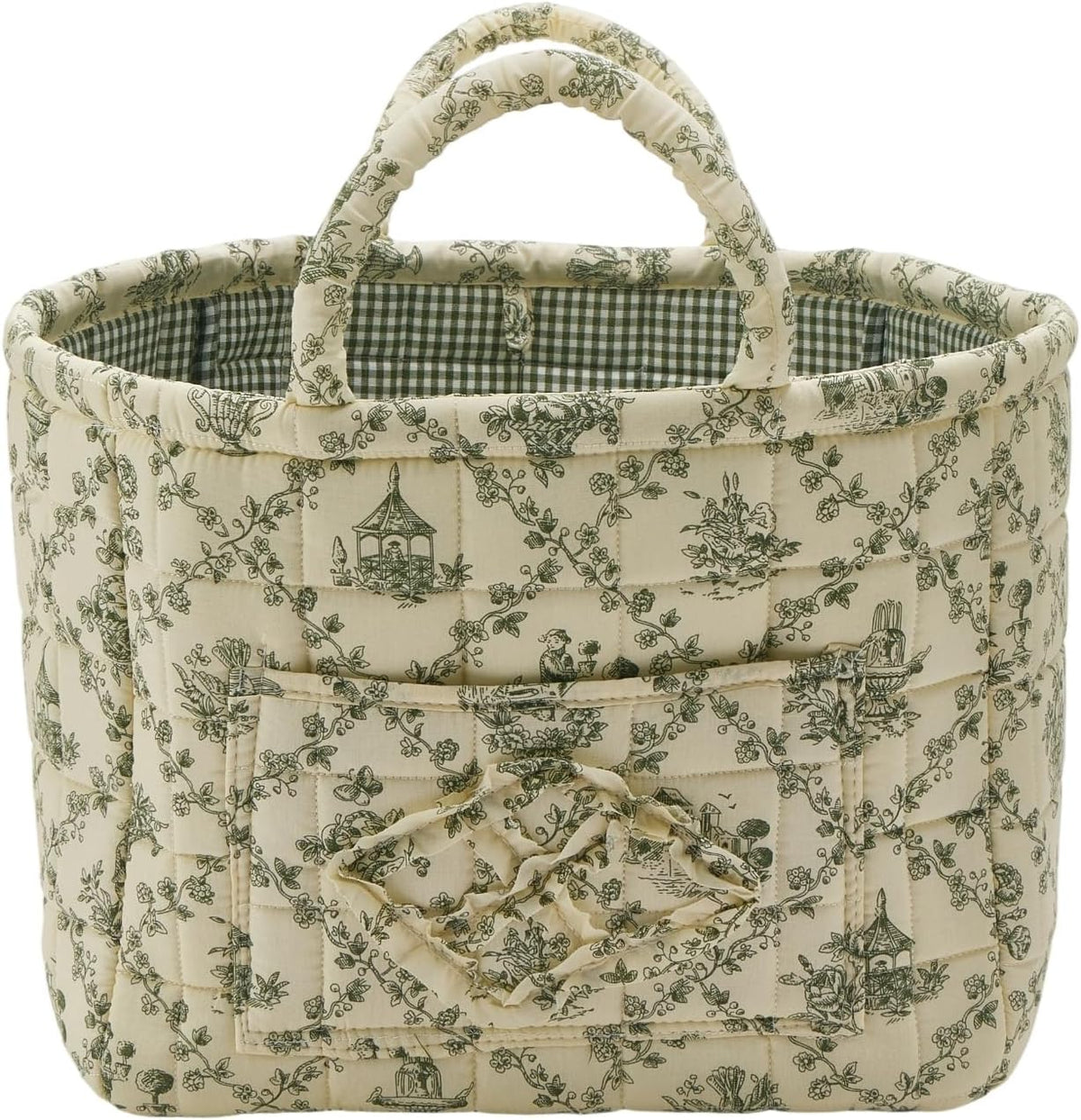 Quilted Fabric Storage Basket with Handles & Pocket, Foldable Laundry Hamper Boho Floral Print Organizer Bin for Home, Picnic, Office 12"x10"x10" (B-2)