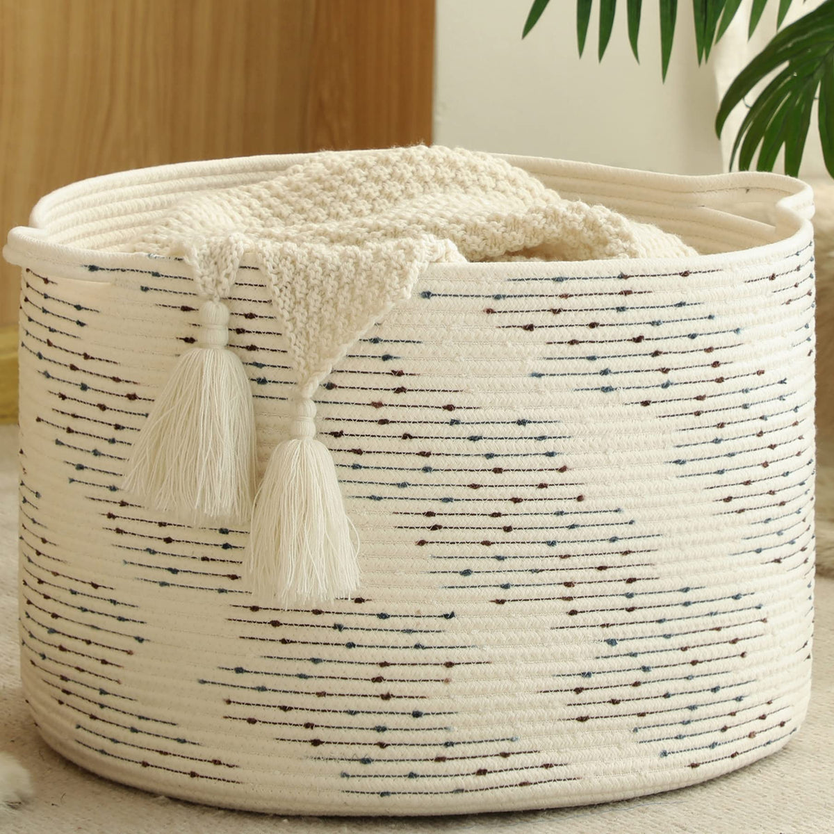KAKAMAY Large Blanket Basket with Handles, Storage Basket for Living Room