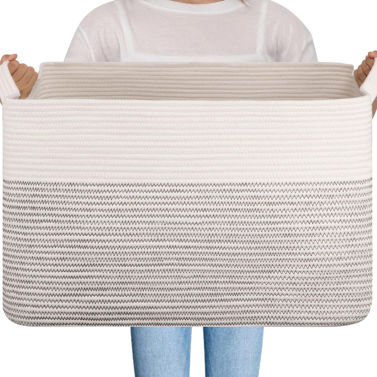 OIAHOMY Extra Large Blanket Basket, 110L Cotton Rope Woven Laundry Basket, Toy Bin for Baby Room, Container for Blanket Storage in Living Room, 24.8''×17.3''×15.8'', Gradient Grey