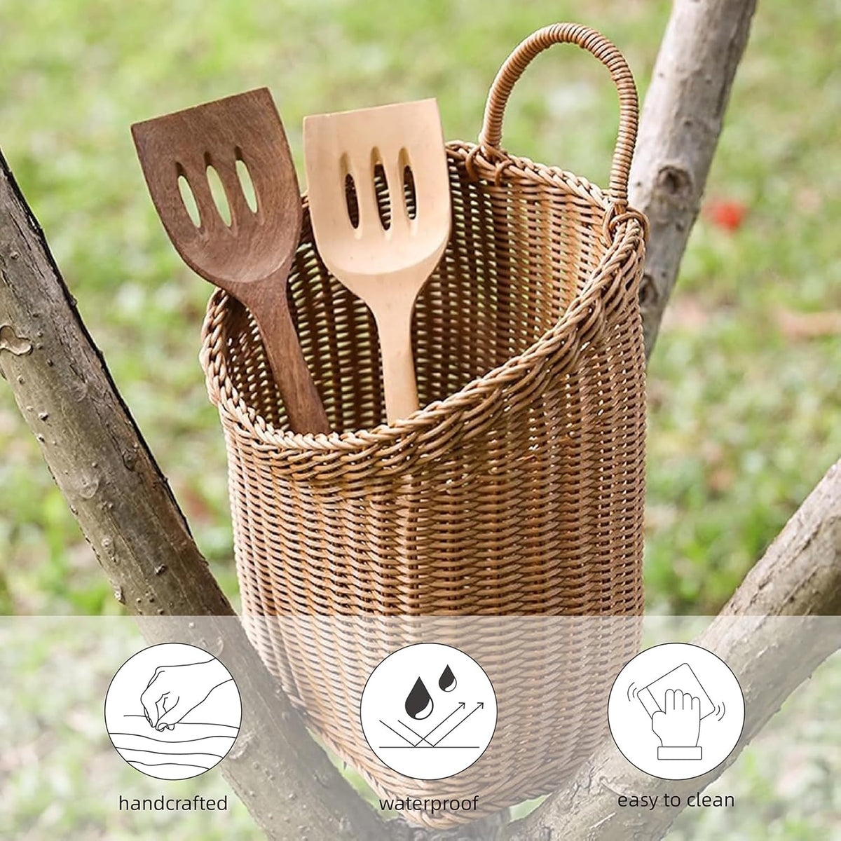 Woven Hanging Wicker Basket for Door, Handmade Rattan Hanging Wall Baskets for Garden Farmhouse Home (Brown)