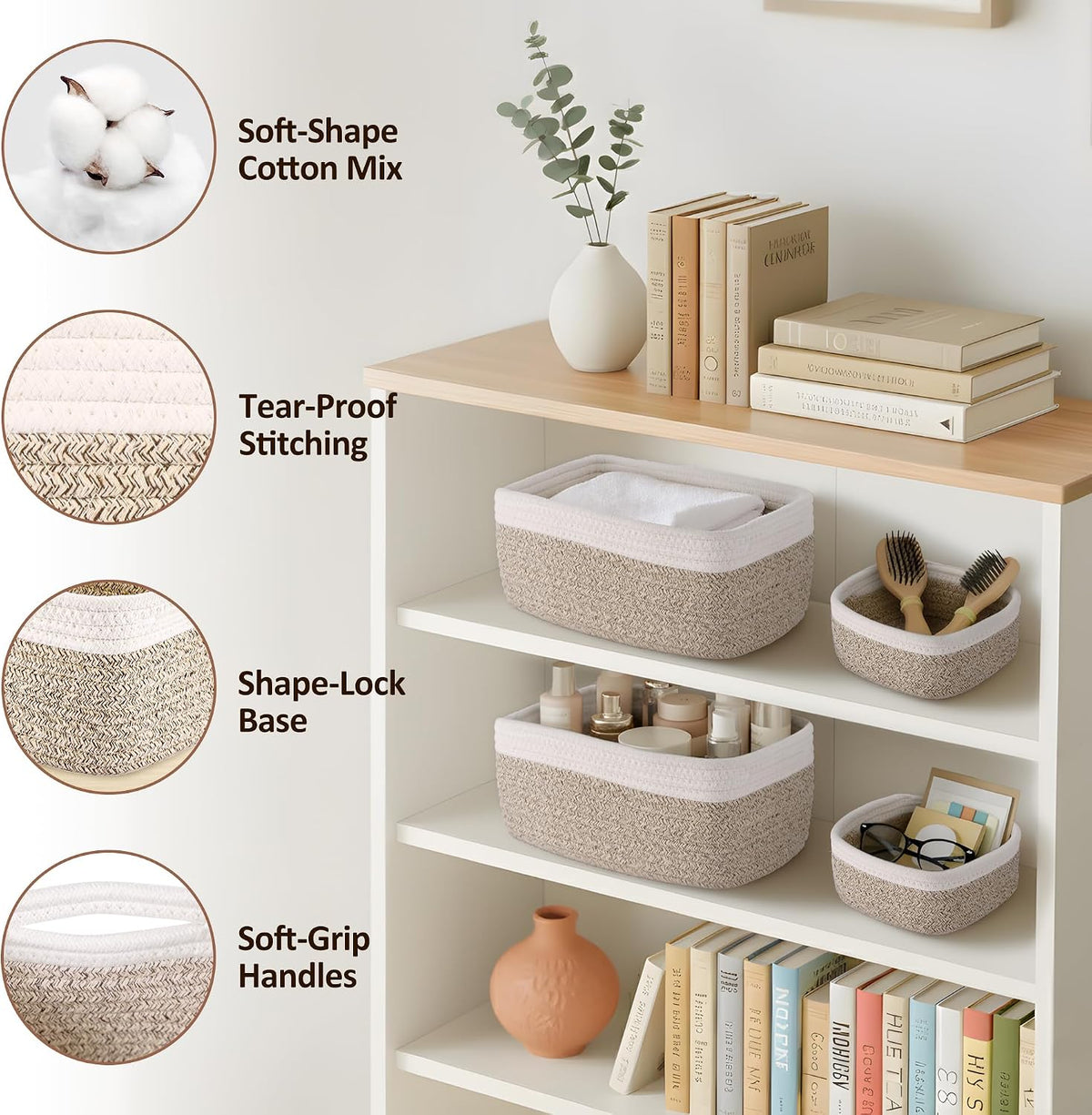 5-Pack Small Woven Rope Storage Baskets, 2 Sizes Organizer Bins