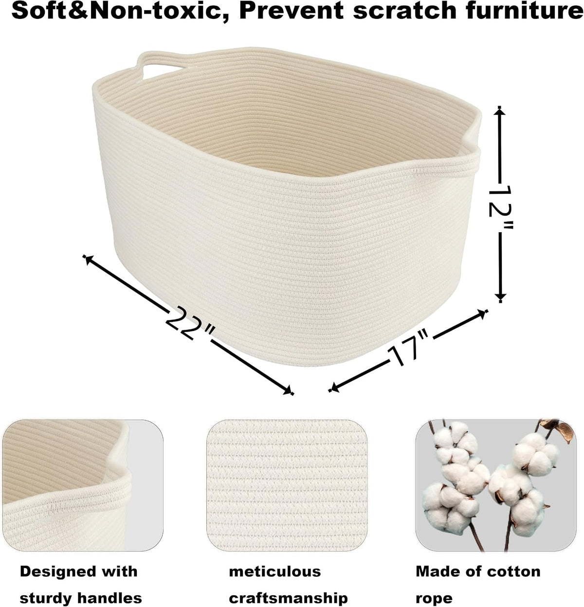 XUANGUO Large Rectangle Woven Cotton Rope Blanket Basket 22"x17"x12" White