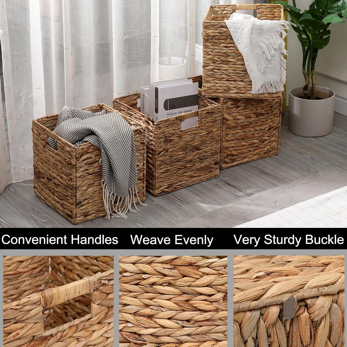 12x12in Storage Baskets 4 Pcs Water Hyacinth Basket,Foldable Storage Cubes
