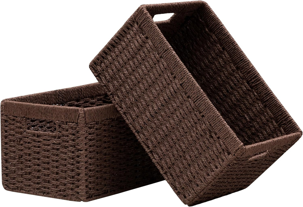 UBBCARE 2 Pack Wicker Basket, 13.4L×8.3H×7.1W inch Woven Paper Rope Storage Baskets for Shelves, Foldable Rectangular Storage Baskets with Handle, Storage Basket for Organizing, Dark Brown