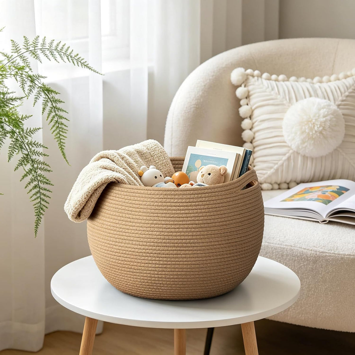 Goodpick Large Toy Storage Basket for Kids, Round, 15.7" x 10.5", Camel