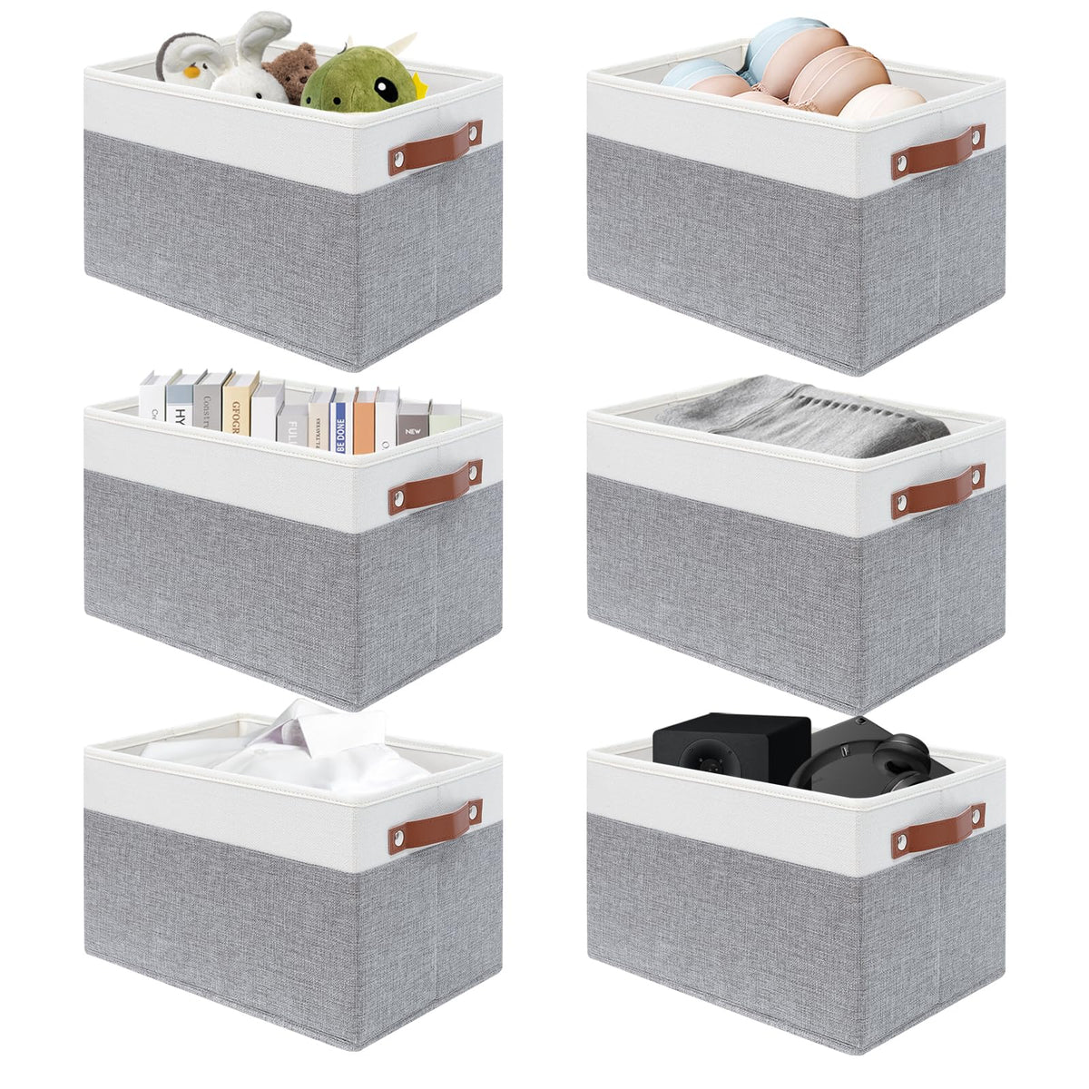 SNWDN 6 Pack Collapsible Fabric Storage Baskets with Handles (White/Beige 11x11x11 Inches)