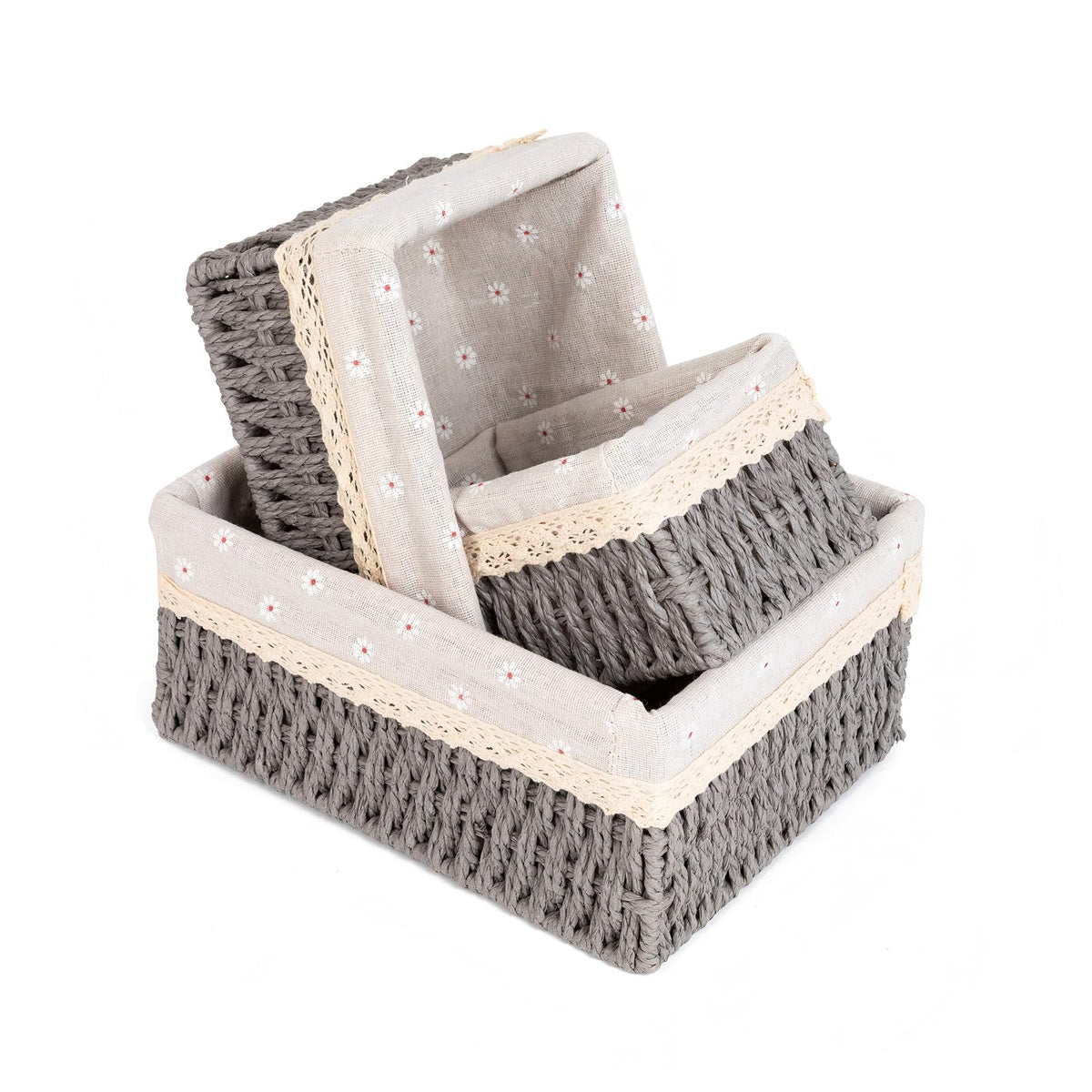 Wicker Baskets with Liner for Counter, Natural Paper Rope Rattan Storage Basket,Hand Woven Pantry Table Organizer Bins for Bedroom Living Room Bathroom School Shelves Office Desk (3 Pack Beige)