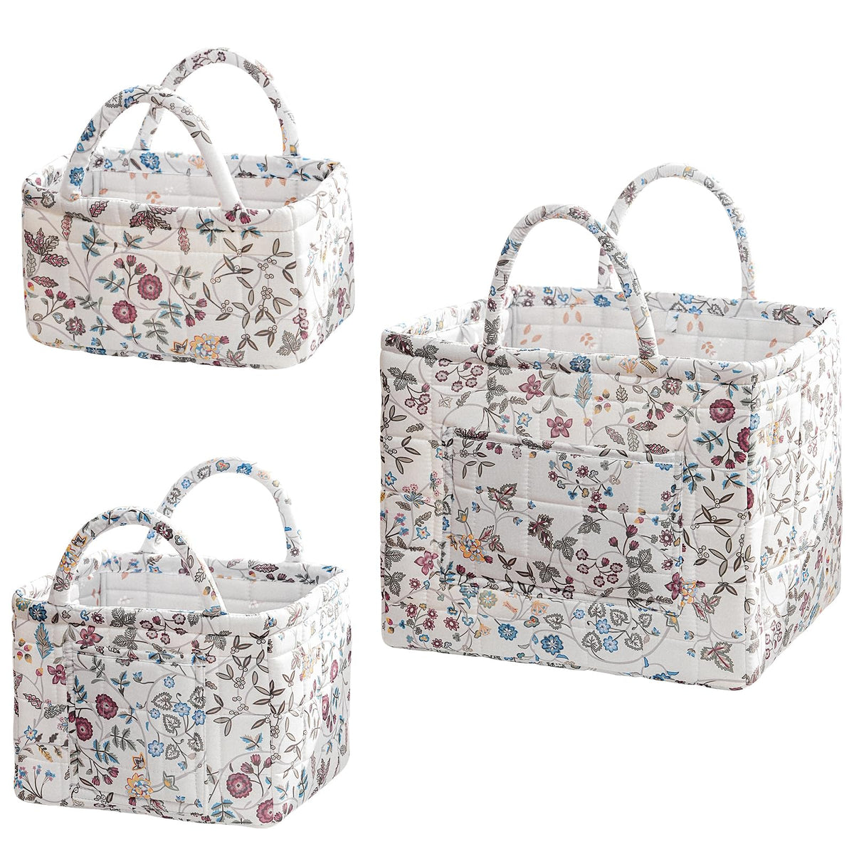 vctops 3 Packs Boho Quilted Storage Basket for Organizing, Floral Basket Organizer Gift Baskets with Handles, Storage Bins for Toys, Books, Towels, and Clothes, Collapsible Fabric(Pattern C)