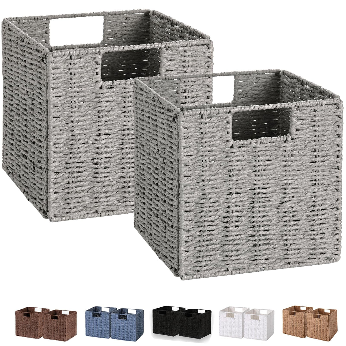 Vagusicc Wicker Basket, Set of 2 Hand-Woven Paper Rope Storage Baskets for Organizing, Foldable Cubby Storage Bins, 11 Inch Large Wicker Storage Basket, Square Baskets Cube Storage Organizer, Brown
