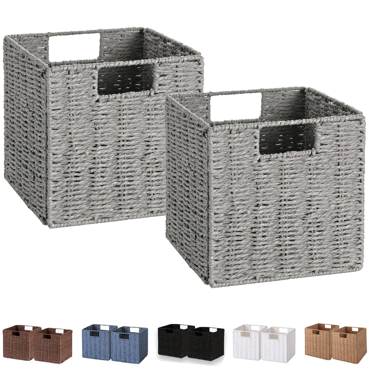 Vagusicc Wicker Basket, Set of 2 Hand-Woven Paper Rope Storage Baskets for Organizing, Foldable Cubby Storage Bins, 11 Inch Large Wicker Storage Basket, Square Baskets Cube Storage Organizer, Brown