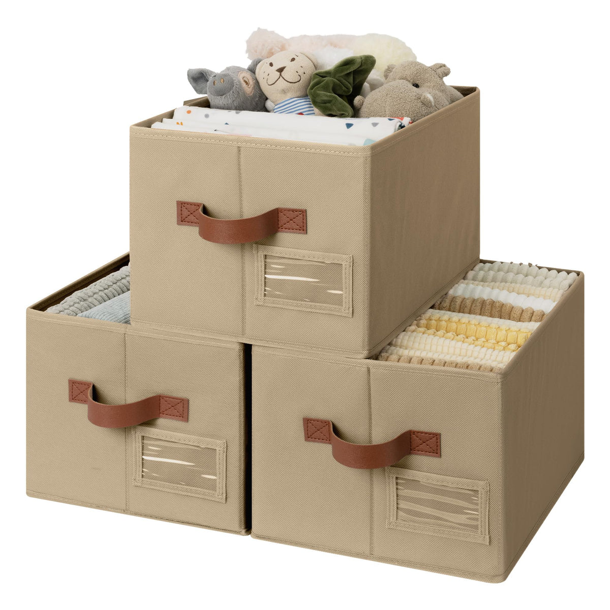 GRANNY SAYS Closet Shelf Baskets with Label, Khaki&Ivory, Large, 3-Pack