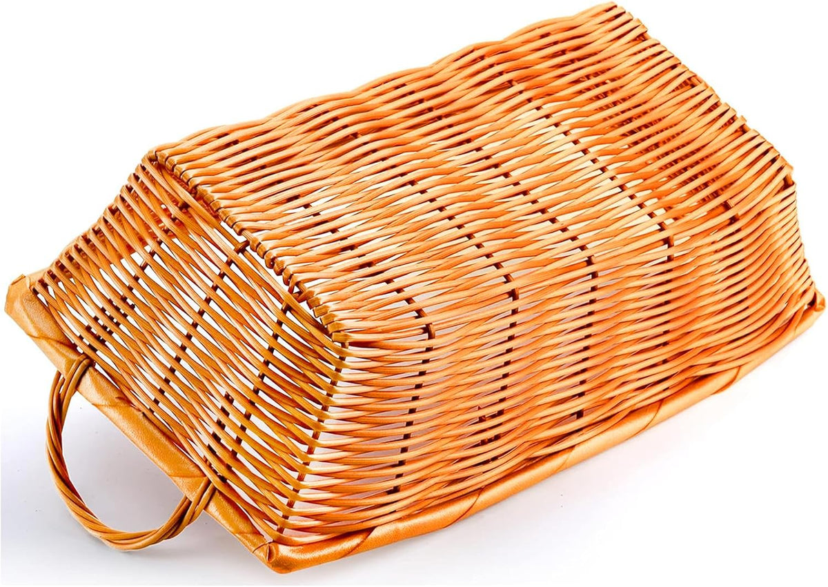 Yesland 6 Pcs Poly Wicker Bread Basket with Handle, 14 Inch Rectangular Imitation Rattan Fruit Storage Baskets - Stackable Empty Gift Basket for Vegetables, Food Serving, Display, Outdoor, Orange