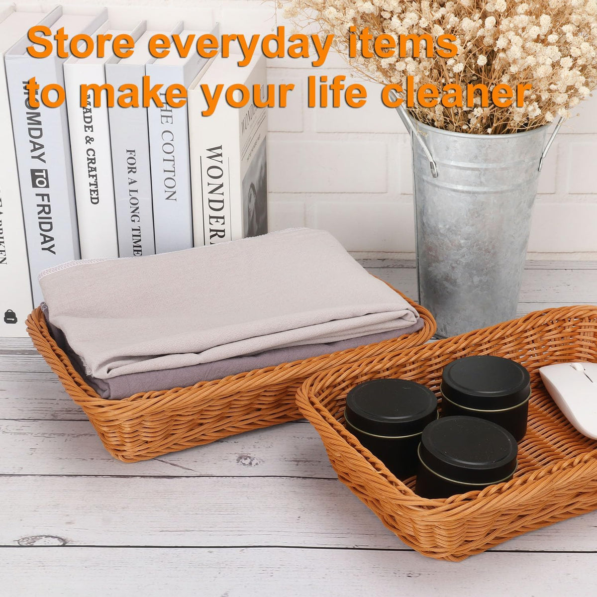 Poly Wicker Baskets 6 Pack 12 inch Large Wicker Baskets Storage – Rustic, Durable & Easy-Cleaning Bread Baskets, for Home, Restaurant & Hotel Use