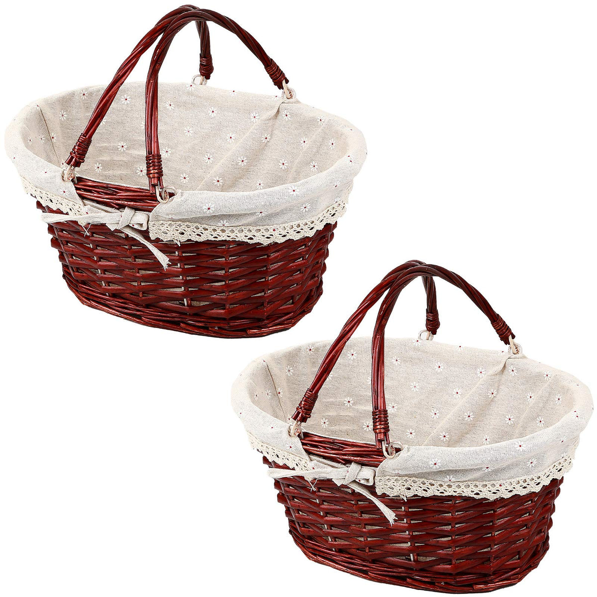 KINJOEK 2 Packs Wicker Woven Basket, 13" x 9" x 4.8" Multipurpose Natural Willow Basket with Handle Premium Linen Cotton Cloth Lining for Storage and Decoration, Natural