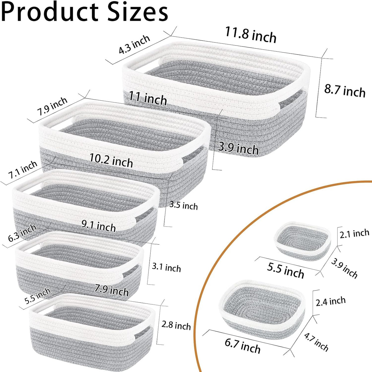 7 Piece Cotton Rope Woven Basket Set - Small Basket for Baby Nursery, Pets, Montessori, Dog & Cat Toy Boxes, Bathroom Organization Bins (White/Gray)