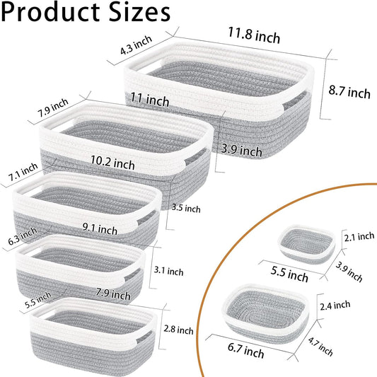 7 Piece Cotton Rope Woven Basket Set - Small Basket for Baby Nursery, Pets, Montessori, Dog & Cat Toy Boxes, Bathroom Organization Bins (White/Gray)