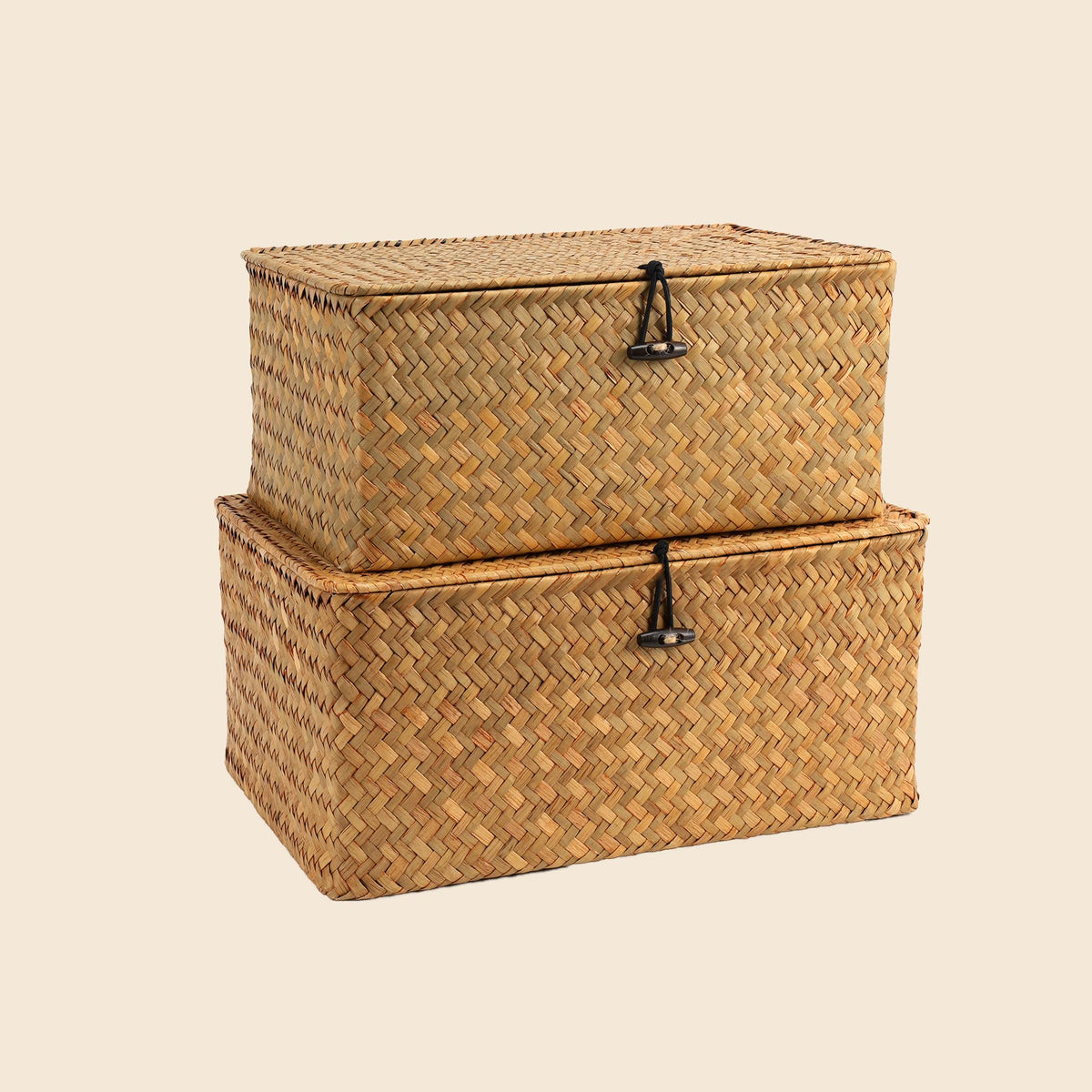 Nonam Wicker Storage Basket with Lid,Seagrass Shelf Basket Set of 3,Nautral