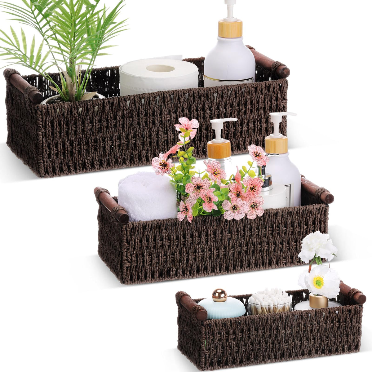 Boao 3 Pcs Boho Storage Wicker Baskets Handmade Woven Decorative Paper Rope Baskets for Organizing with Handle Countertop Toilet Paper Storage Container for Toilet Tank Top