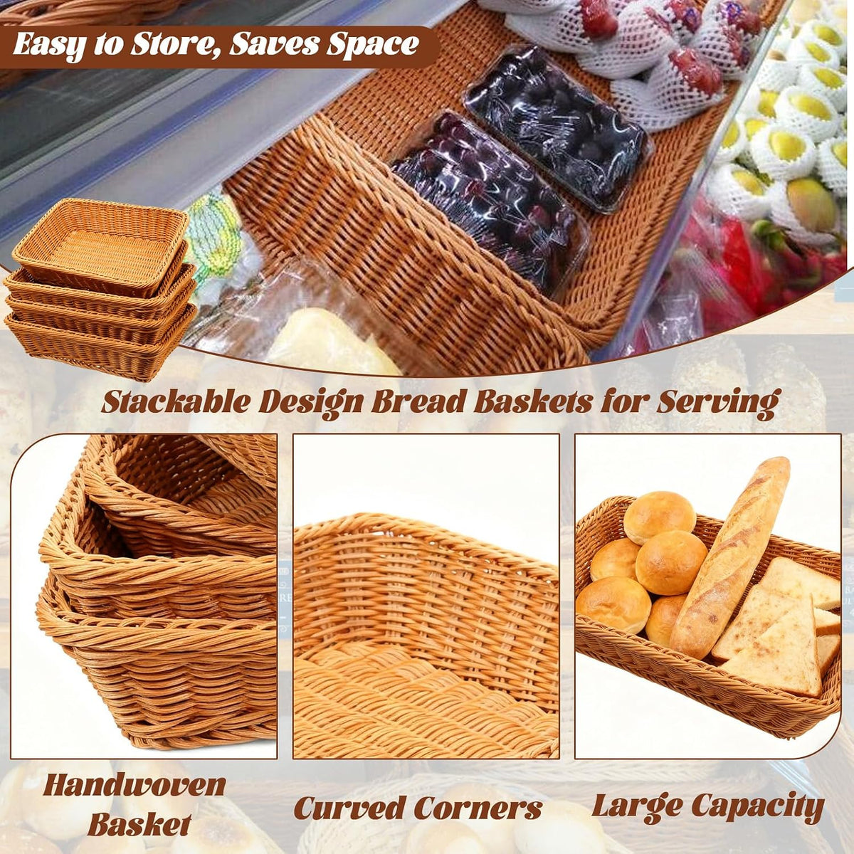 3 Pack Wicker Bread Baskets for Serving 15.8" Large Rattan Tray for Food