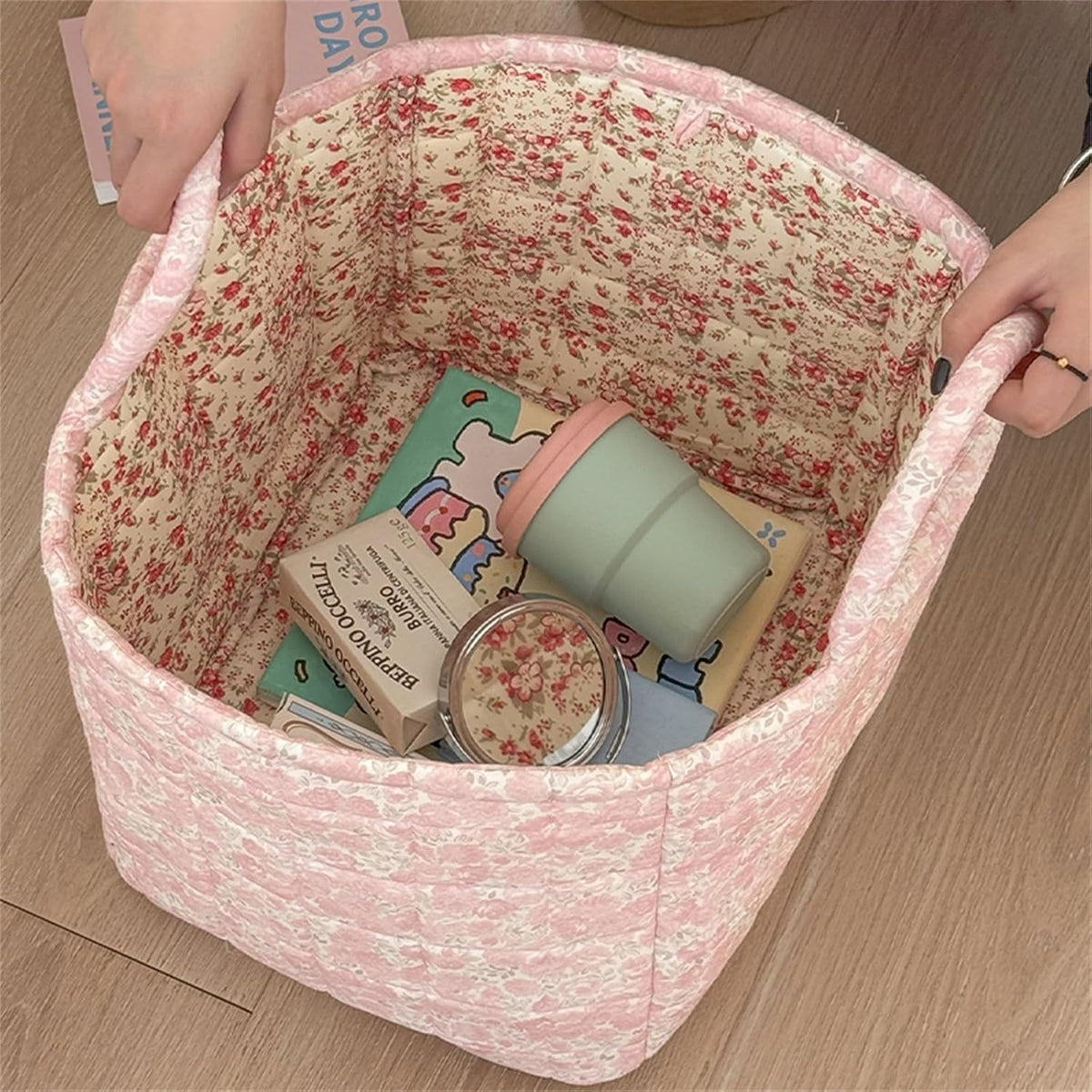 Boho Fabric Storage Basket Quilted Floral Print Baskets Organizer Bin with Handles for Home, Picnic, Shopping (Pink, L)