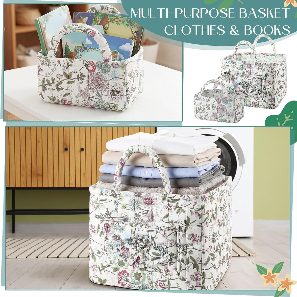 2 Pcs Quilted Fabric Storage Basket with Handles Large Capacity Laundry Basket Boho Foldable Floral Laundry Organizer Bin for Home Picnic Shopping Travel