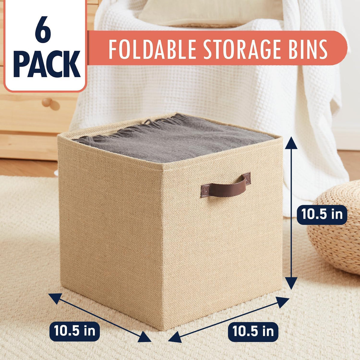 Ornavo Home 10.5x10.5 Jute Storage Cube Bins, 6 Pack, Leather Handles