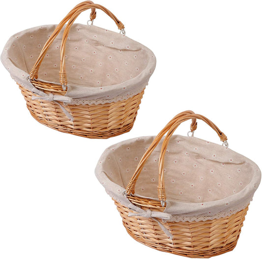 KINJOEK 2 Packs Wicker Woven Basket, 13" x 9" x 4.8" Multipurpose Natural Willow Basket with Handle Premium Linen Cotton Cloth Lining for Storage and Decoration, Natural