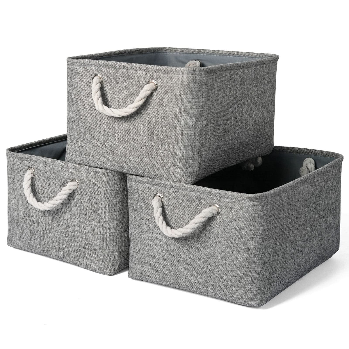 TheWarmHome Storage Basket for Organizing - 14x10x7 inch Medium 3 Pack Collapsible Storage Bin for Shelves with Handles, Canves Storage Box for Organizer Cubes Cloth Gift Toy Closet (White & Khaki)